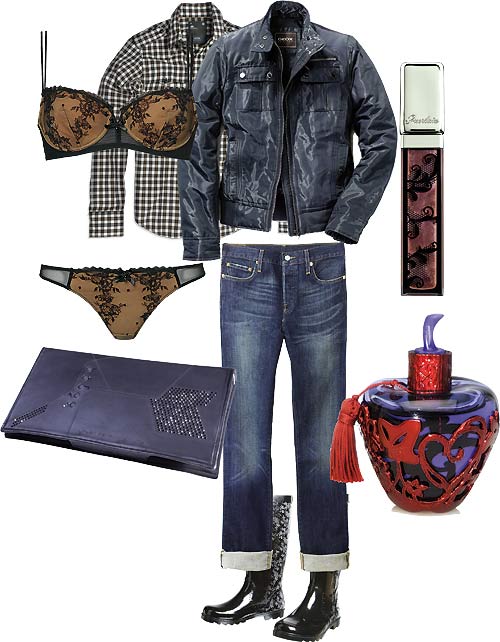 fig. clockwise: Giacca jacket by Geox, Guerlain KissKiss lipgloss, Midnight Fragrance by Lolita Lempicka, Levi's 501 for Women boyfriend cut, gum-boots by Diesel (photo: (C) Salamander, Juergen Hammerschmid), Urban Performer Unit by Urban Tool, Intimissimi bra and slip, G-Star checked skirt from the Bronco Range