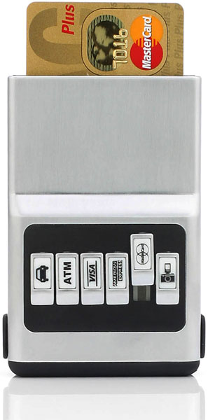 The acm (in silver, black, or silver/black) offers place for up to six cards which are easy to handle with the interchangeable buttons. Via the removable money clip you are able to store cash money and business cards easy.
