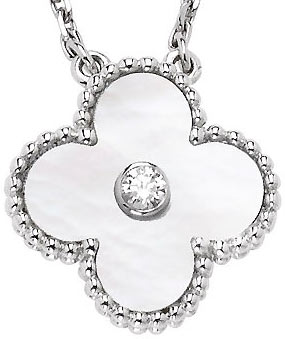 fig.: The Alhambra Vintage is created after the original design of 1968. The special edition for Christmas 2009 with a pendant in white mother-of-pearl, white gold, and a diamond in the centre will be available from November 2009. The clover design stands good luck and eternity.