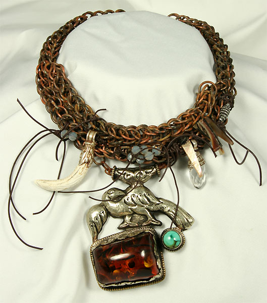 Antique Asian large amber and silver repoussé Phoenix Bird and smaill round turquoise as pendant specially antiqued copper chainmaille with intertwined antique OM shell sterling silver small pendant - clear quartz/sterling silver small Asian pendant and opal Swarovski crystal beads