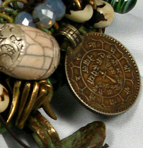 MARZIA Ancient Dogon African brass piece - specially antiqued copper handmade chainmaille - small antique Ethiopian brass fertility phallic mini pendants - sacred crackled silver capped ad - antique Hindu coins - mudcloth Batik Kenya bone beads - Swarovski crystal beads 