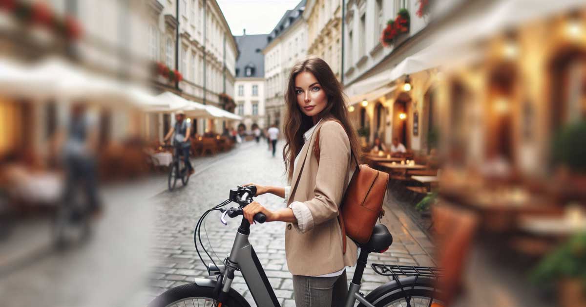 Image: A woman rides a sleek e-bike through the narrow streets of a historic European city, bathed in warm sunlight. She looks directly into the camera, dressed in stylish black trousers and a white long-sleeve shirt, as charming cafés line the street where people enjoy the vibrant city atmosphere. Created by Fashion.at with Copilot.