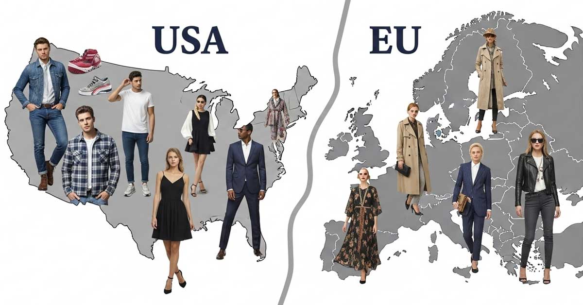 A split-screen image comparing fashion styles of the USA and the EU. On the left, a map of the USA features models in casual attire, including denim jackets, jeans, a plaid shirt, t-shirts, and sneakers. On the right, a map of the European Union shows models dressed in more formal and chic outfits, such as trench coats, a pinstripe suit, a leather jacket, and elegant dresses.