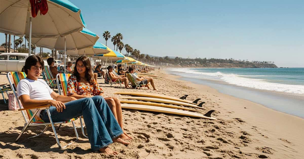 A vintage-style photo of a couple in 1970s attire, including bell-bottom jeans, relaxing in chairs on a sunny beach with colorful umbrellas, surfboards, and the ocean in the background.