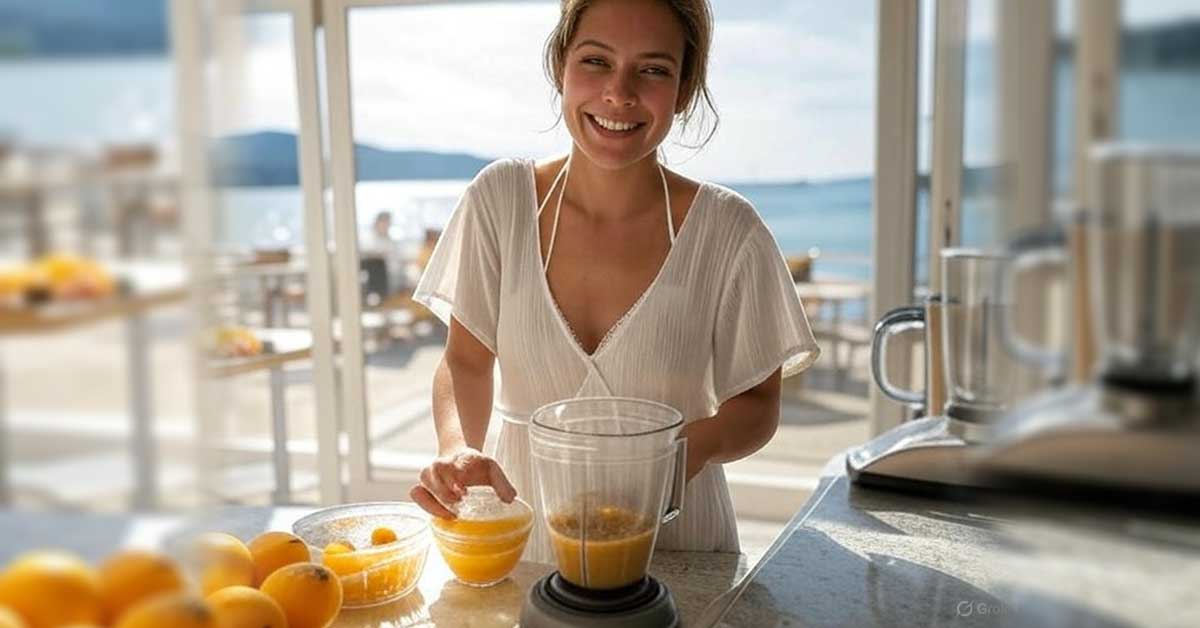 AI-generated image of a woman in a white summer dress and bikini, preparing a smoothie in a blender with fruits in a lakeside café kitchen in Austria. Created by Fashion.at in collaboration with Grok, an AI by xAI.