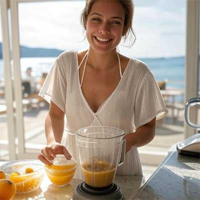 AI-generated image of a woman in a white summer dress and bikini, preparing a smoothie in a blender with fruits in a lakeside café kitchen in Austria. Created by Fashion.at in collaboration with Grok, an AI by xAI.