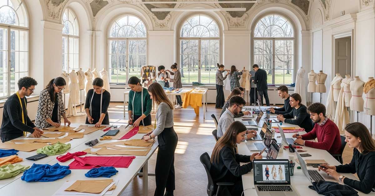 Students in a bright fashion design classroom, cutting fabric, working on laptops, and designing garments on mannequins, with large windows overlooking a park.
