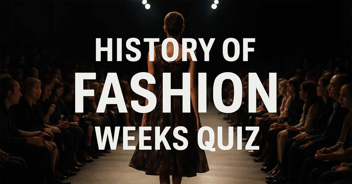 AI-generated image of a fashion show runway with a model walking away from the camera in a dark dress, audience seated on both sides, and bold text reading 'History of Fashion Weeks Quiz.'