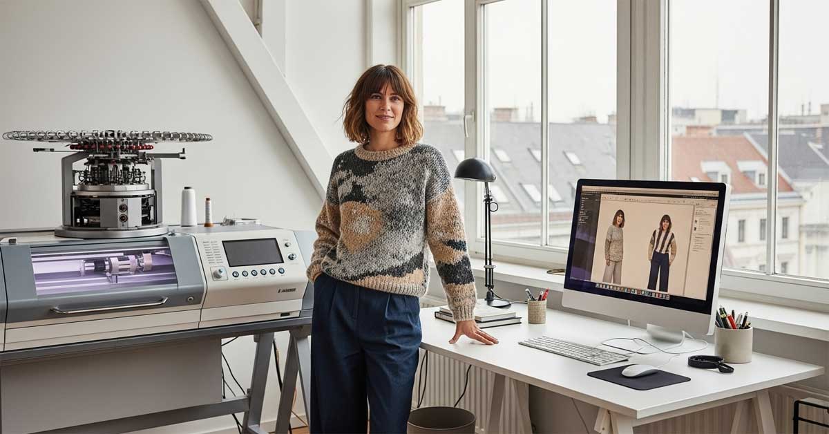 A fashion designer stands in her sunlit studio between an industrial knitting machine and a desk with a computer. She is wearing a multi-colored knit sweater. The computer screen shows images of her knitwear designs.