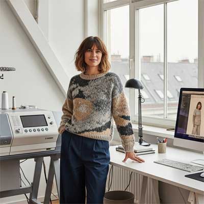 A fashion designer stands in her sunlit studio between an industrial knitting machine and a desk with a computer. She is wearing a multi-colored knit sweater. The computer screen shows images of her knitwear designs.