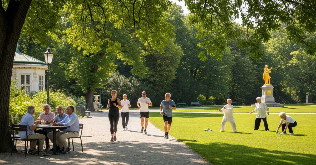A symbolic image for a longevity quiz showing diverse paths to a long life: people jogging for fitness, friends socializing for mental well-being, and seniors doing Tai Chi for balance and mindfulness in a park.