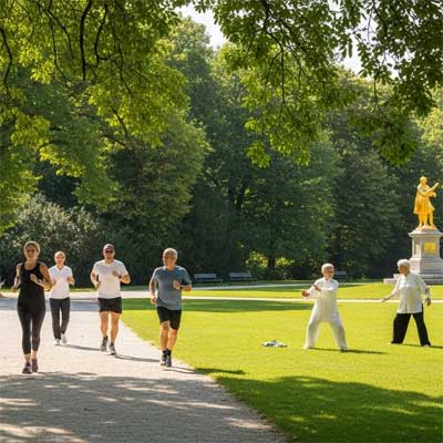 A symbolic image for a longevity quiz showing diverse paths to a long life: people jogging for fitness, friends socializing for mental well-being, and seniors doing Tai Chi for balance and mindfulness in a park.