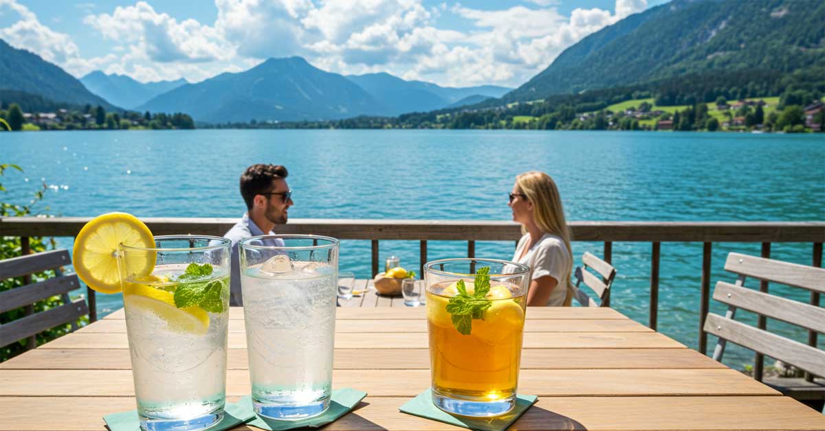 Table with drinks overlooking an Austrian-inspired lake and mountain landscape, where a couple is seated.