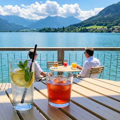 Table with drinks overlooking an Austrian-inspired lake and mountain landscape, where a couple is seated.