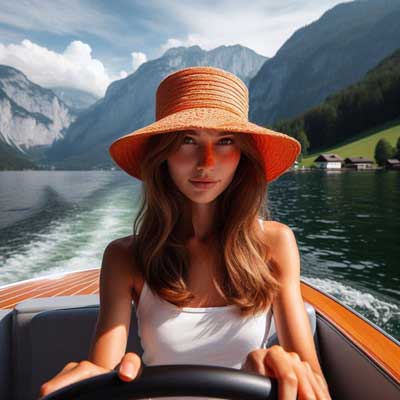 The image features an AI-generated depiction of a woman wearing an orange sun-protective hat while steering a motorboat on a lake in Austria. The bright lighting and reflective water highlight the importance of UV protection in outdoor settings. This visual was created by Fashion.at in collaboration with Copilot.