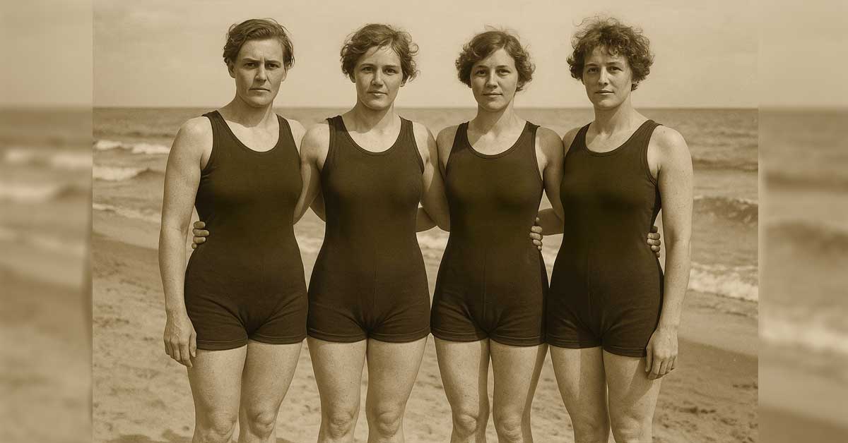 A nostalgic tribute to early 20th-century swim fashion, this AI-generated visual captures the essence of women's athletic and leisurewear from the era. The tank suits—sleeveless, full-bodied garments—stand as symbols of both modesty and growing athletic freedom, reminiscent of the pioneering female Olympians of 1912. Set against the rhythmic waves and sandy shore, this composition evokes the elegance and camaraderie of swimmers embracing the waters with confidence.
Photo: Created in collaboration between Fashion.at and Copilot, this visual enriches the Swimwear Evolution Quiz, celebrating the history and transformation of swim attire through the decades.