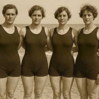 A nostalgic tribute to early 20th-century swim fashion, this AI-generated visual captures the essence of women's athletic and leisurewear from the era. The tank suits—sleeveless, full-bodied garments—stand as symbols of both modesty and growing athletic freedom, reminiscent of the pioneering female Olympians of 1912. Set against the rhythmic waves and sandy shore, this composition evokes the elegance and camaraderie of swimmers embracing the waters with confidence.
Photo: Created in collaboration between Fashion.at and Copilot, this visual enriches the Swimwear Evolution Quiz, celebrating the history and transformation of swim attire through the decades.