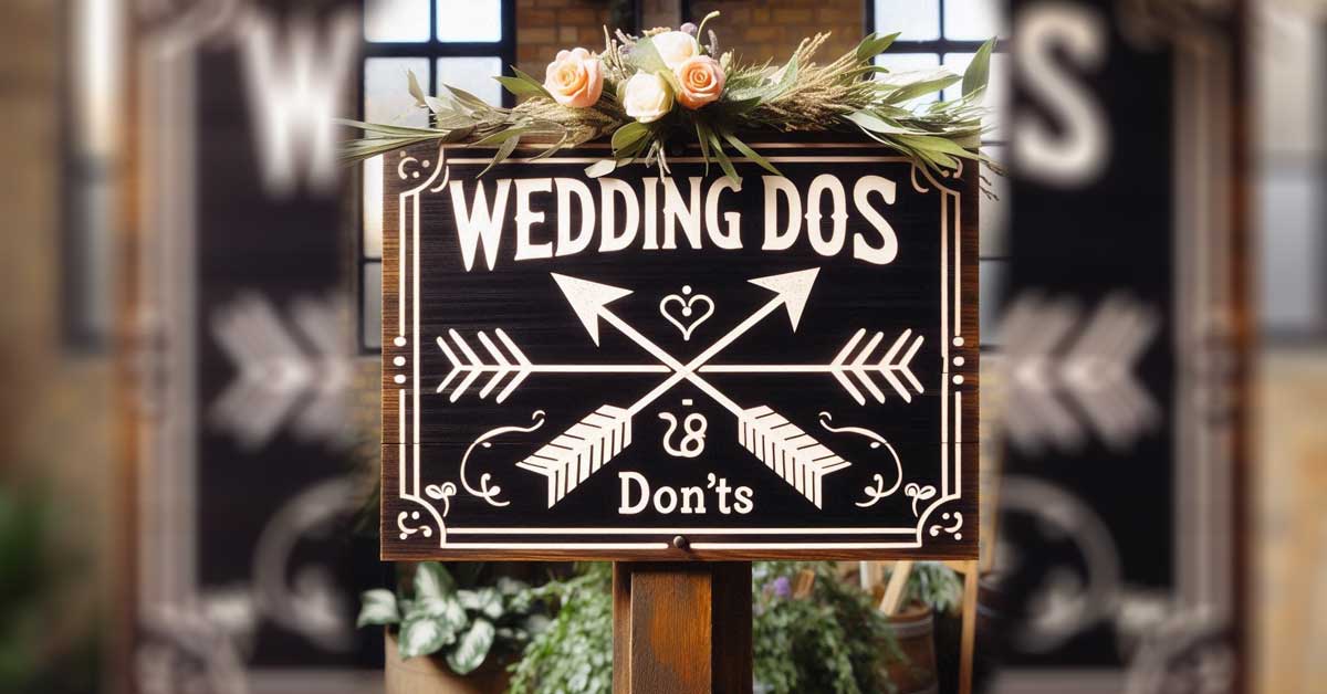 Image: The event sign with arrows displaying the text 'Wedding Dos and Don'ts' was generated by Fashion.at via Microsoft Copilot, Bing on March 24, 2025.