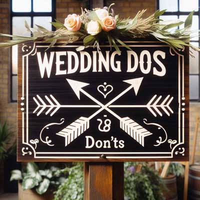 Image: The event sign with arrows displaying the text 'Wedding Dos and Don'ts' was generated by Fashion.at via Microsoft Copilot, Bing on March 24, 2025.