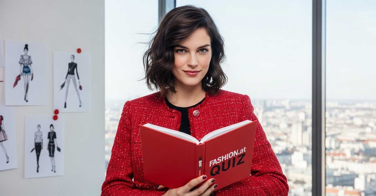 A stylish woman in a red tweed jacket holds an open red book titled 'FASHION.AT QUIZ' while standing in front of a window with a city view, with fashion sketches on the wall beside her.