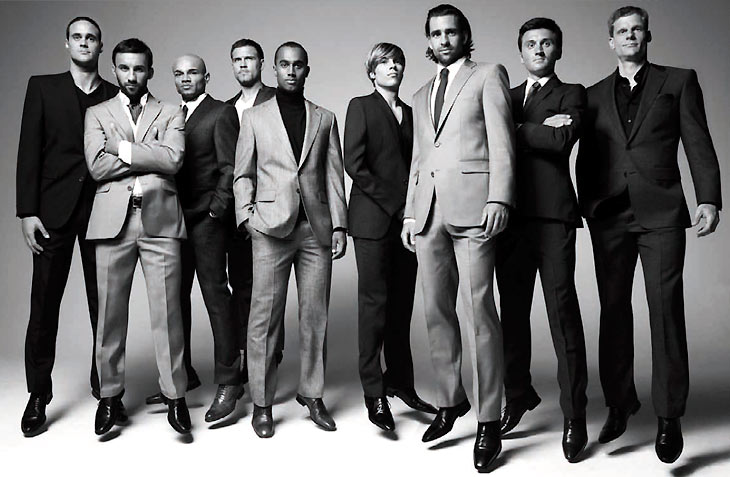 On 26th July the German Olympia team take off to Bejing; in their luggage new outfits by the exclusive premium brand Bäumler for the opening ceremony on 08.08.2008. fig.: „All Star Dream Team“ (from left to right), photographed by Dan Jackson, (C) Bäumler