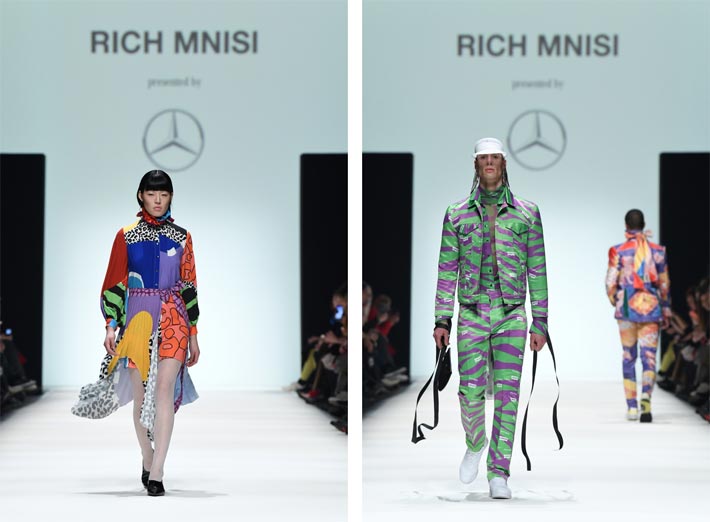 Women's and men's wear from the 'Alkebulan' collection by Rich Mnisi, part of 'Mercedes-Benz presents Fashion Talents from South Africa' at MBFW A/W20 in Berlin, 13 January 2020. Photos: John Phillips/Getty Images; © Mercedes-Benz AG. 