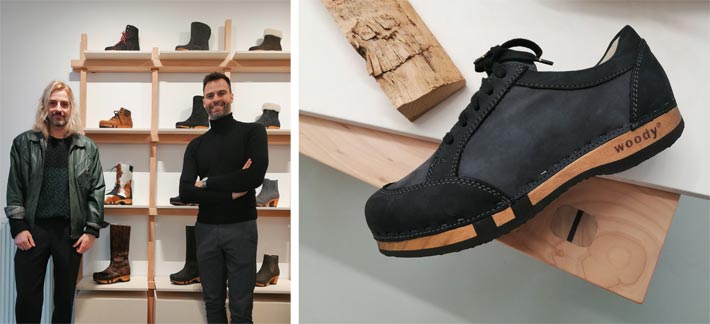 The image shows two of the architects of Studio Calas (from left) Sven Wuttej and David Calas. Right: A citation of the signature sole element was also integrated into the design of the furniture. 