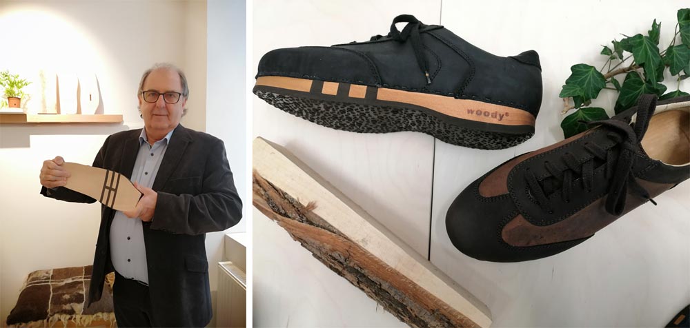 Gerhard Piroutz of the family owned wooden shoe label Woody presents the tripple kautschuk bending of the wooden sole. Right: Men's sneaker in nero-grigio and cioccolato-tobacco.