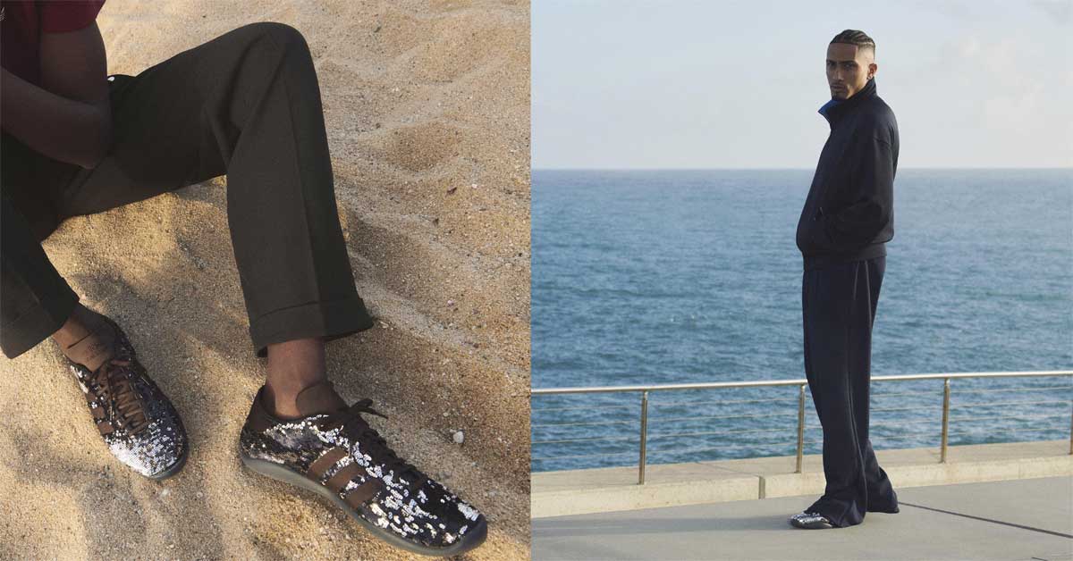 Raphinha in adidas Originals by Wales Bonner SS25 apparel (left), WB Karintha Lo sequined sneaker (right), released 28 May 2025.