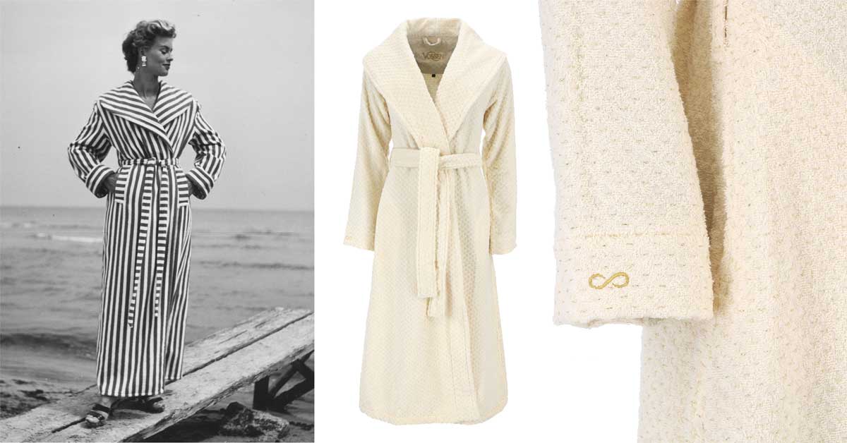 Images, from left to right: The first image, sourced from the Vossen archive, captures a model in the 1950s wearing a classic bathrobe, reflecting the brand's long-standing tradition in textile craftsmanship. The middle image showcases a bathrobe from the Golden Century collection, released in celebration of Vossen's 100th anniversary since its founding on May 6, 1925. The final image provides a close-up of the bathrobe's sleeve, highlighting an elegant golden infinity symbol intricately woven with fine gold threads. Photos: © Vossen.