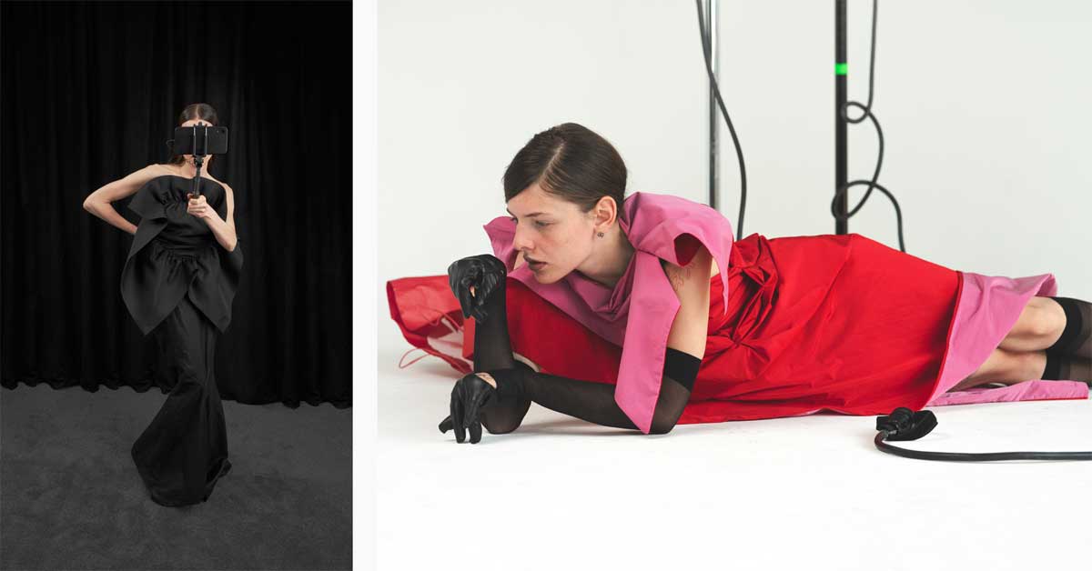 Fashion photo diptych showing a black sculptural evening gown by Sans Contrefaçons and a red-pink layered dress by Pouran Parvizi.