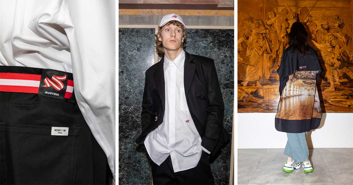 Images, from left: Close-up details of the Austrian Pavilion staff uniforms for Expo 2025 in Osaka, featuring the national colors - red, white, and red - alongside a design inspired by the pavilion's spiral musical score sculpture, created by BWM Designers & Architects. Center: A complete uniform ensemble, consisting of a blazer, white shirt, cap, and jeans. Right: A top adorned with a print depicting one of Austria's iconic landmarks - the Great Gallery in Schloss Sch�nbrunn.
The official presentation of the uniforms was documented in a photoshoot at the Museum of Applied Arts Vienna (MAK). The images show models Hanna and Jonny from Stella Models wearing the collection. The styling reflects the blend of streetwear and high fashion, with a focus on modern tailoring and Austrian design influences.  
Photos: Corporate Wear Austria by Wendy&Jim by ExpoAustria. � Expo Austria, Mato Johannik, MAK.
Credits:  
Fashion and Styling: WENDY JIM, Helga Schania and Hermann Fankhauser  
Photography: Mato Johannik  
Hair and Makeup: Sabine Reiter  
Models: Hanna and Jonny, Stella Models  
Location: MAK � Museum of Applied Arts Vienna  
Production: Austrian Fashion Association