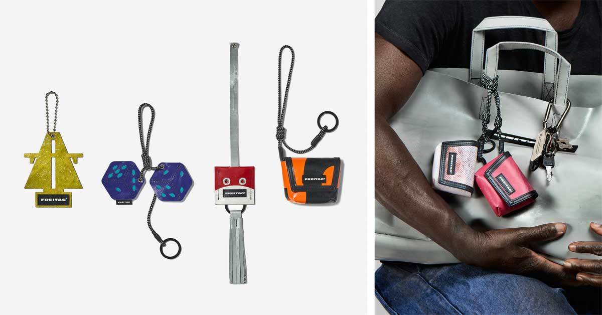 Composite image showing four Freitag Lucky Trucking Charms—Autobahn, Dice, Face, and Mini Messenger—on a plain background, and a close-up of a person holding a grey tarp bag with two pink Mini Messenger charms attached.