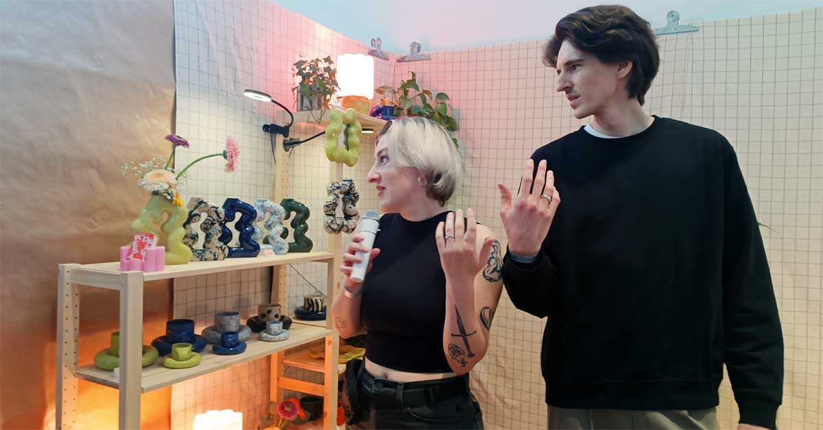 Resa and Daniel from RnD Studio presenting ceramic vases inspired by their rings during Blickfang Vienna 2025 press tour at MAK.