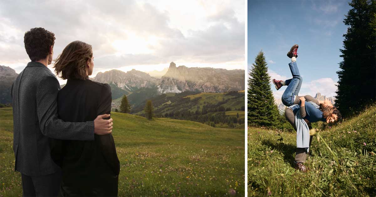 Couple in Val Badia, Dolomites wearing Falconeri's Alps Getaway collection — elegant silk and cashmere for evening, casual jeans and knitwear for hiking.