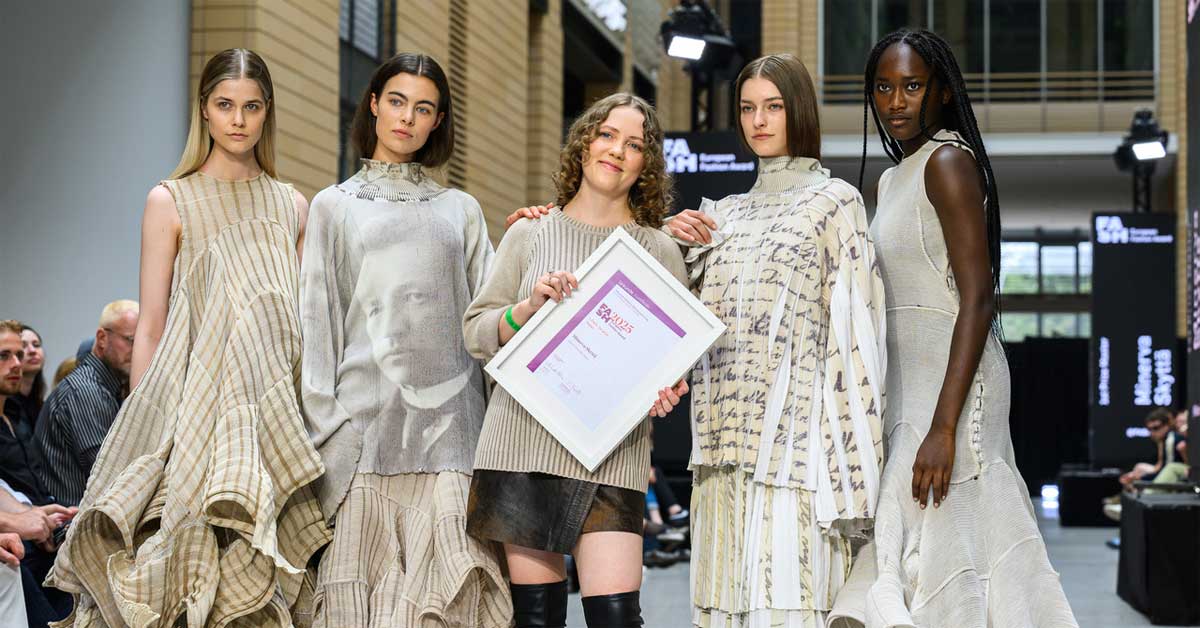 The image shows knitwear designer Minerva Skyttä, winner of the Special Award Knitwear at the European Fashion Award FASH 2025, surrounded by models wearing pieces from her collection 'Monin terveisin isäsi' (Many Greetings from Your Father).