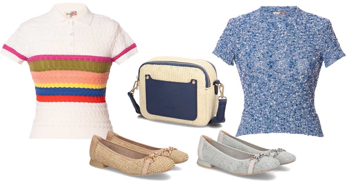 The picture shows on the left the knit top 'Pride' in the color stripes 'Rainbow' and on the right the knit top 'Devon' in the color melange 'Ocean' from the Lena Hoschek Spring/Summer 2025 collection 'The New Romantic'. In the middle, the Poé ballerinas in beige and light blue and the Pat Calvin crossover bast bag, featured by Humanic.