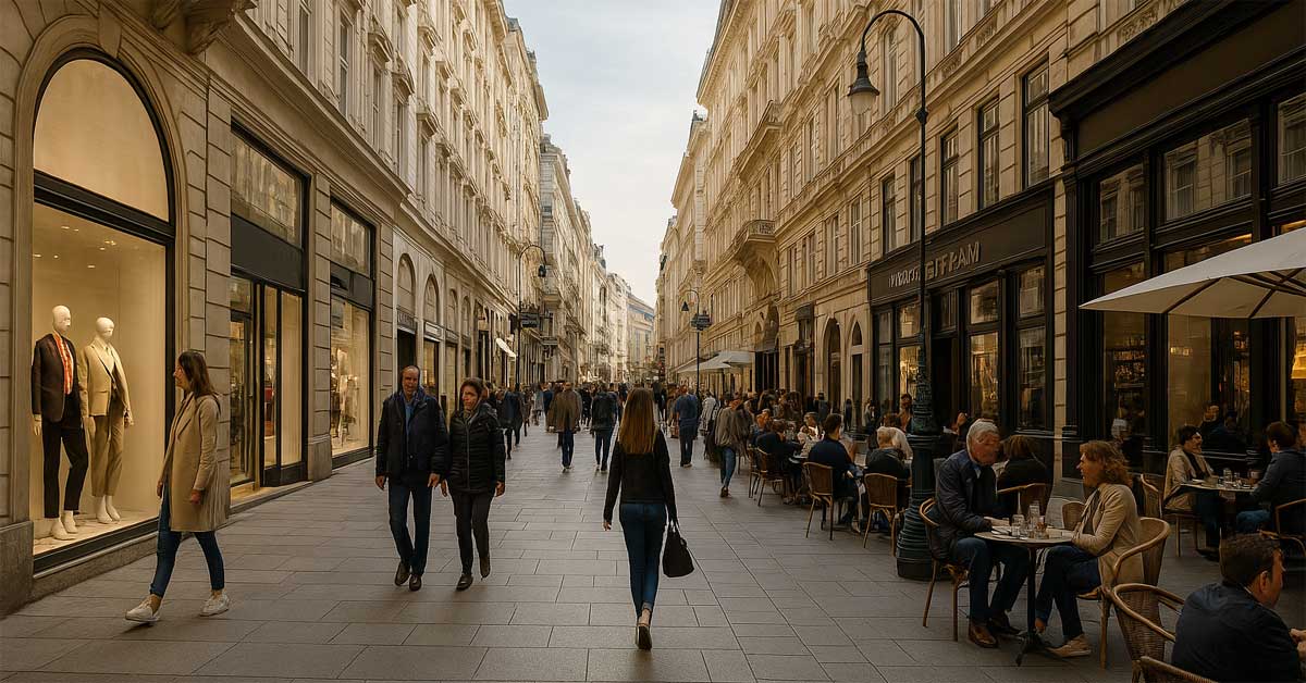 Image: A symbolic, AI-generated photorealistic panoramic view of a shopping boulevard in Vienna's inner city. The scene shows people walking along elegant storefronts, sitting in street cafés, and gazing into display windows. The architecture reflects the city's historic charm, while the atmosphere captures the quiet transformation of the urban fashion landscape  -  poised between tradition and change. Image created by Fashion.at using ChatGPT (DALL-E by OpenAI), 2025.