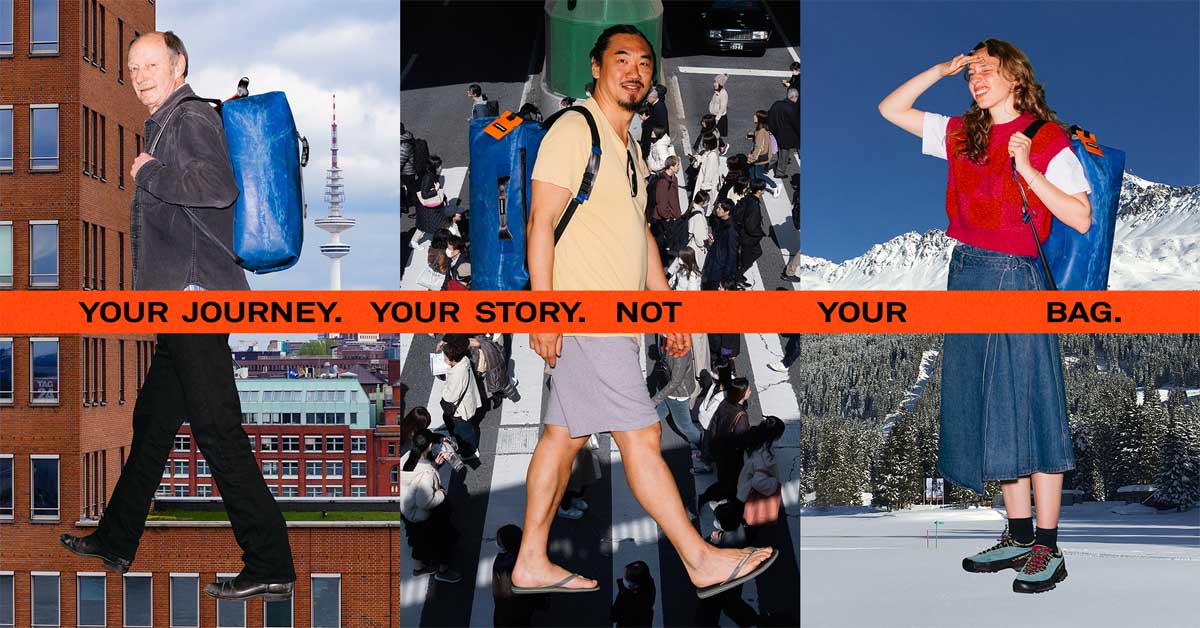 Three people in different locations carry the same blue travel bag with the slogan 'Your journey. Your story. Not your bag.'