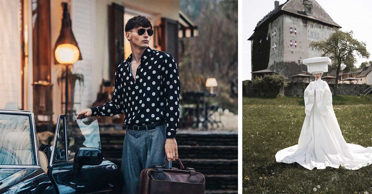 Man wearing polka dot silk shirt from Gina Drewes Menswear 2025 campaign and model in hillside setting near Schloss Moosburg
