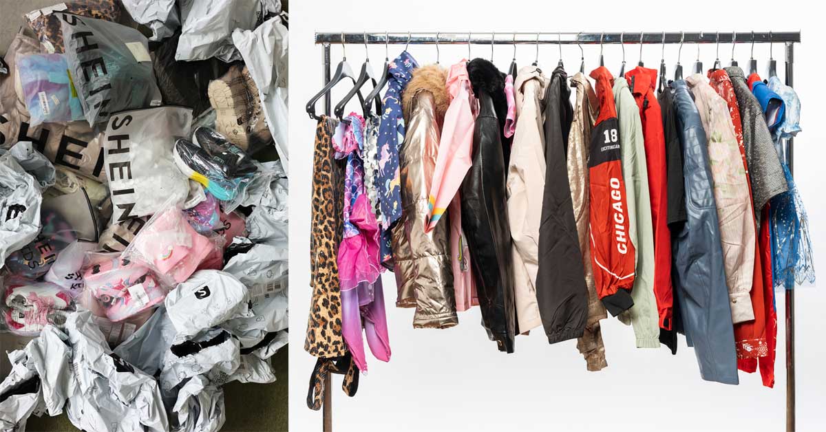 Clothing items packaged for testing and a rack of garments analysed for hazardous chemicals; Greenpeace investigation 2025.