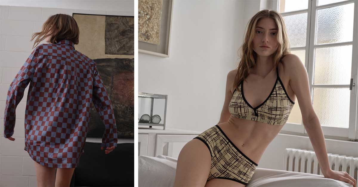 Hanro x Arthur Arbesser capsule collection: model in oversized burgundy-blue check shirt (left) and crop top with high-waist briefs in hand-drawn beige-black check (right).