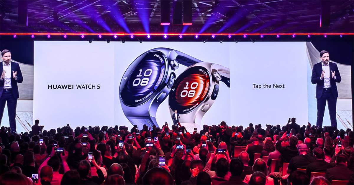Stage at Huawei launch event in Berlin presenting new wearables under the theme 'Fashion Next'
