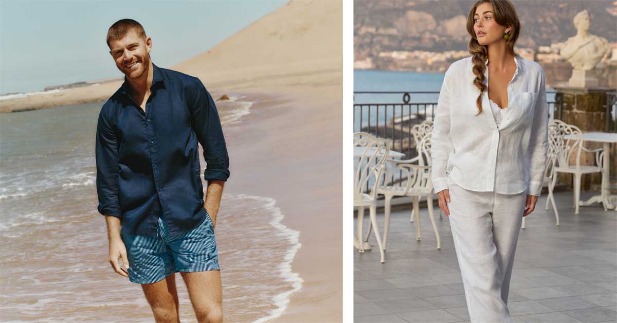 Side-by-side fashion portraits: right, a woman in a white linen shirt and trousers from Intimissimi's upcoming collection; left, a man in a navy shirt and swim shorts from the IUMAN–Intimissimi Uomo line.