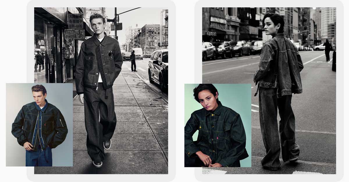 Chandler Frye in Reversible Blouson and Chase Sui Wonders in Denim Jacket from Levi’s® x sacai. Both wear unisex denim pants. Photo by Craig McDean, styling by Karl Templer.