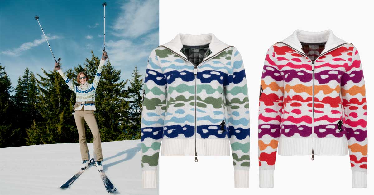 Lauren Frauenschuh skiing in Kitzbühel wearing blue patterned knit jacket Delilah and ski pants Issy; two Delilah jackets shown in blue-green and red-orange versions.