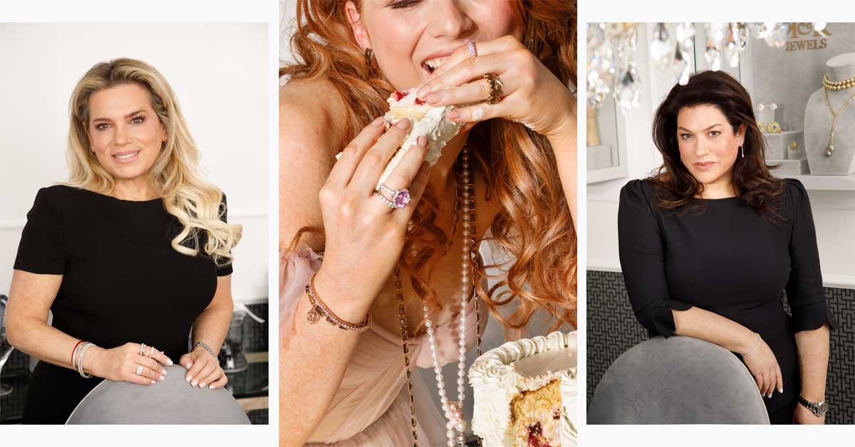 Portraits of Nathalie Kohn (left) and Deborah Kohn (right), with Lisa Dokuvich of Gingerlicious in the center, enjoying cake and wearing K&K Jewels. Photos: © Markus Morianz