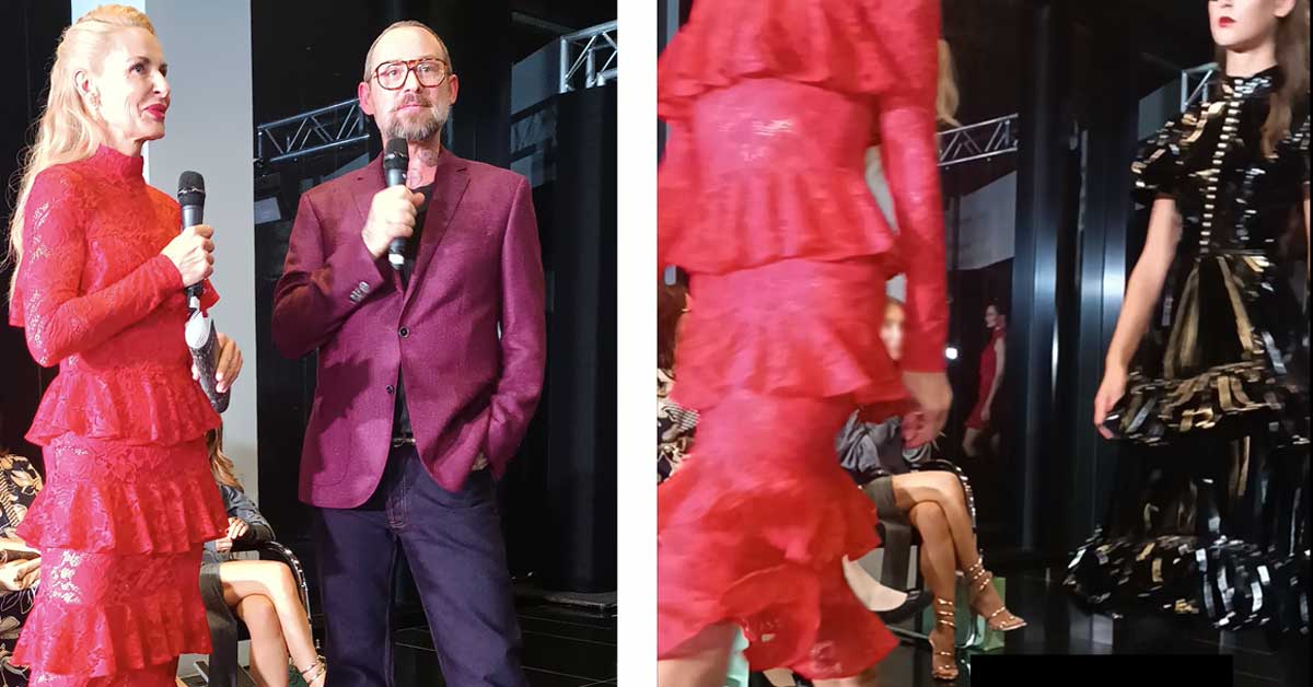 ORF presenter Onka Takats and designer Marcel Ostertag at the charity fashion show for TierQuarTier Wien at SO/Vienna. Right: Models from the 'Paradise' SS26 collection on the runway.