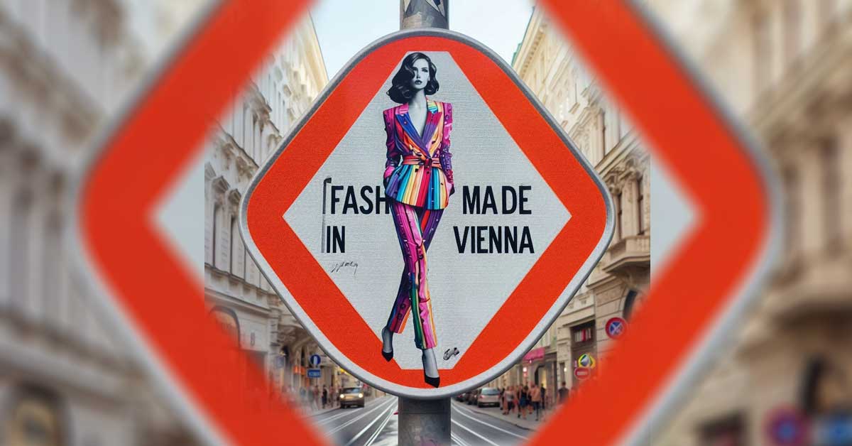 Image: The symbolic picture showing a traffic sign with the writing 'Fashion Made in Vienna' featuring a model in a colorful pantsuit on a shopping boulevard in Old Vienna was created by Fashion.at via Microsoft Copilot, Bing on March 27, 2025.