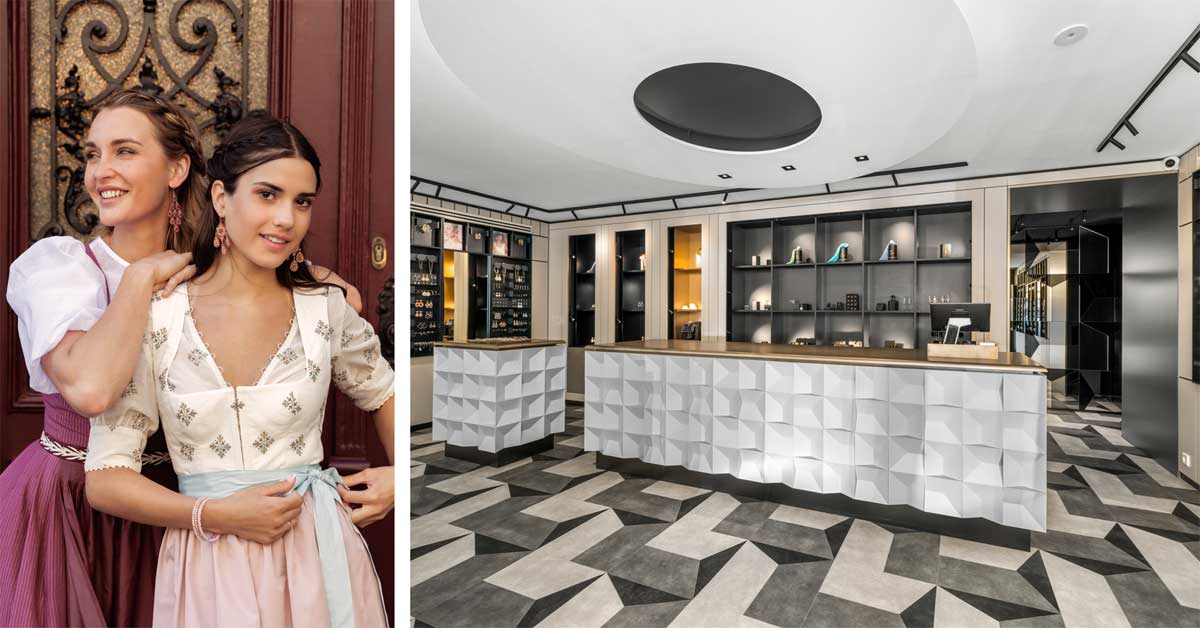 Two models in dirndls with Cajoy earrings and bracelets (left) and interior view of Cajoy’s new Munich boutique at Amiraplatz (right).